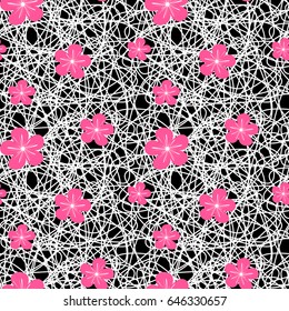 black and white abstract seamless vector pattern background illustration with lines and pink flowers
