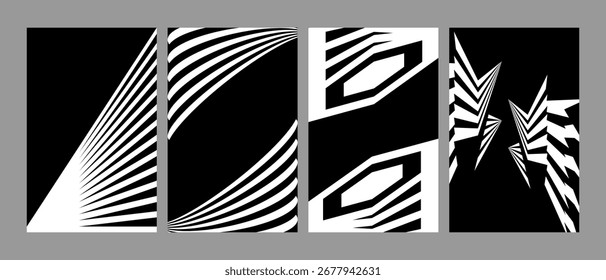 Black and white abstract shapes, 3d perspective shapes for poster designs, social media posts, digital ads, template set.