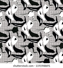 Black and White Abstract Shapes Grid Seamless Vector Pattern. Hand Drawn Texture Graphic for Packaging, Fashion Prints, Stationary, Paper Goods and Trendy Wrapping. Modern Style Monochrome Backdrop.