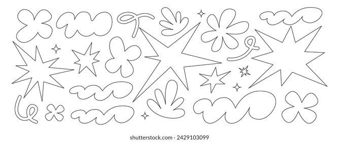 Black and white abstract  shapes set. Groovy funky flower, bubble, star, loop, waves in trendy retro 90s  cartoon style. Vector illustration with wavy and spiral elements.