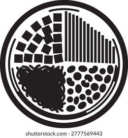 Black and white abstract showing a petri dish divided into sectors with different patterns like stripes, dots, and irregular shapes