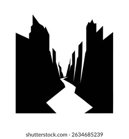 Black and white abstract silhouette of a canyon with a winding path illustration