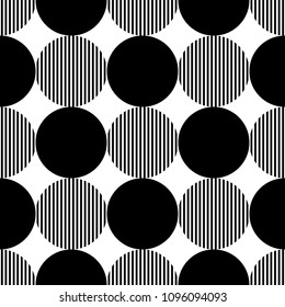 Black and white abstract simple striped circles geometric seamless pattern, vector