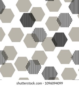 Black and white abstract simple striped hexagons geometric seamless pattern, vector