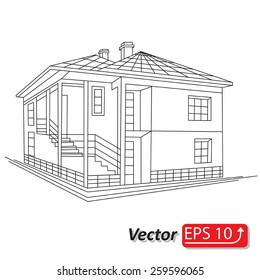 black and white abstract sketch  ink drawing of cottage country house isolated on white background Architectural 3d vector illustration
