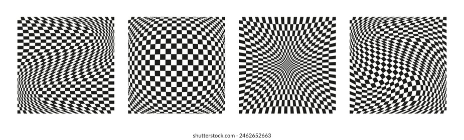 Black and white abstract square backgrounds. Geometric checkered board. Optical illusion, modern art. Psychedelic groovy swirls. Hippie covers, posters, cards, banners. Vector illustration. 