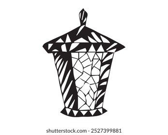 Black and white abstract stained glass lantern with mosaic pattern isolated on white background. Concept of decorative lamp, geometric design, vintage lighting, street lantern, light, design element.