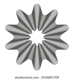 A black and white abstract star made of concentric lines, creating the illusion of movement.