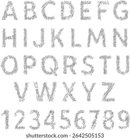Black and white abstract stencil font. Textured english alphabet and numbers, vector graphic for your design.Back to school concept