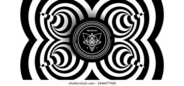 Black and white abstract striped background. Pattern with optical illusion. 3d surreal vector illustration.
