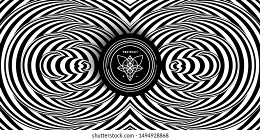 Black and white abstract striped background. Pattern with optical illusion. 3d surreal vector illustration.
