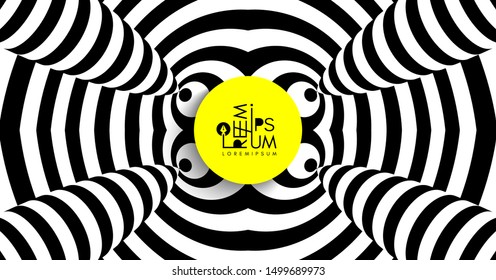 Fondo de rayas abstractas en blanco y negro. Patrón con ilusión óptica. Ilustración surrealista vectorial.