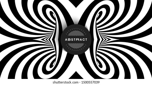 Black and white abstract striped background. Pattern with optical illusion. 3d surreal vector illustration.