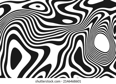 Black and white abstract striped background. Optical illusion. Smooth and wavy lines and shapes.