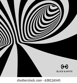 Black and white abstract striped background. Optical art. 3D vector illustration.