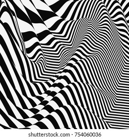 Fondo de rayas abstractas en blanco y negro. Ilustración vectorial 3d del arte óptico. 