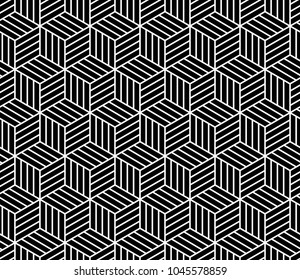 Black and white abstract striped cubes geometric seamless pattern, vector