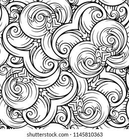 Black and white abstract stylized clouds seamless pattern.