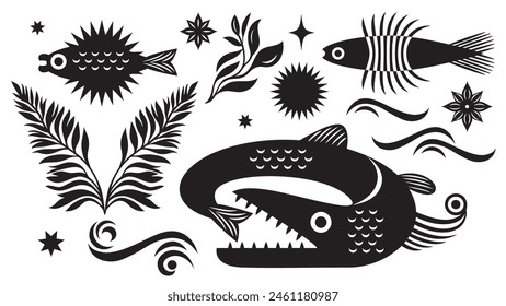 Black and white abstract stylized fishes 