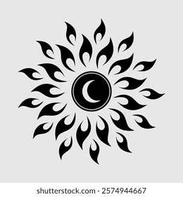 Black and white abstract sun and moon icon with flame-like rays in a circular pattern. A mystical and symbolic design representing balance, energy, and celestial harmony