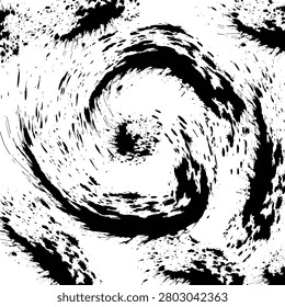 A black and white abstract swirling design with bold brushstrokes and textured elements on a pure white background, creating a dynamic visual effect with contrasting black and white colors.