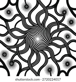 Black and White Abstract Swirling Pattern with Starburst Elements Keywords: abstract, pattern, black and white, swirling, spiral, symmetrical, organic, lines, curves, intricate, design, graphic