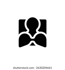 Black and white abstract symbol of a person with a square background.