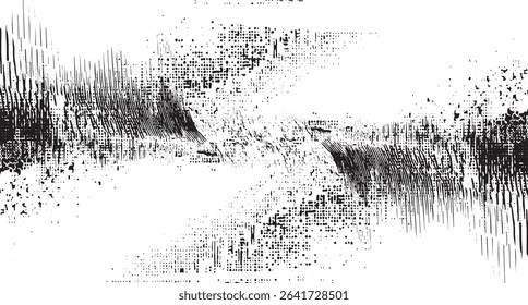 Black and white abstract texture featuring vertical and horizontal lines, dots, and speckles. The image has a grunge style with varying densities of black and white creating a dynamic visual effect.