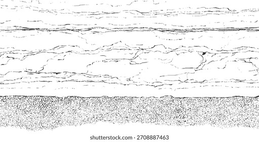 Textura abstrata em preto e branco com linhas onduladas horizontais e um padrão de chão de seixo.