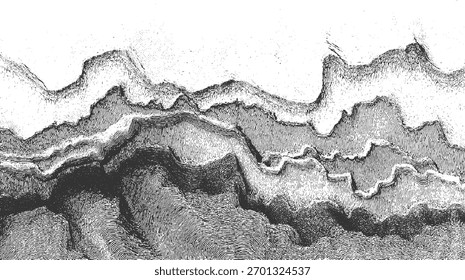 Textura abstrata em preto e branco com linhas topográficas em camadas criando cristas e vales.