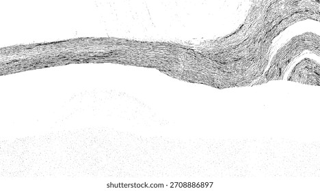 Textura abstrata em preto e branco com linhas onduladas em camadas e pontos dispersos criando um padrão sutil.