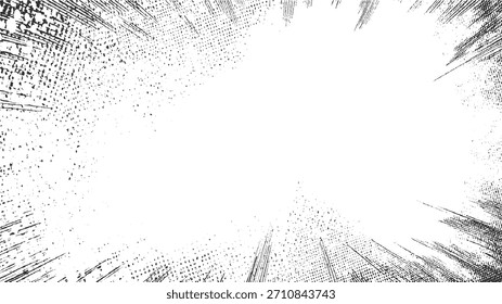 Textura abstracta en blanco y negro con líneas radiantes y puntos dispersos que crean un efecto angustiado.