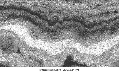 Textura abstracta en blanco y negro con líneas de remolino y patrones circulares que crean una sensación de movimiento y profundidad.