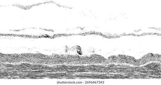Black and white abstract textured background with wavy lines and scattered dots.