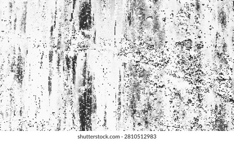 A black and white abstract textured background with a pixelated effect, featuring vertical streaks and scattered dots on a predominantly white surface
