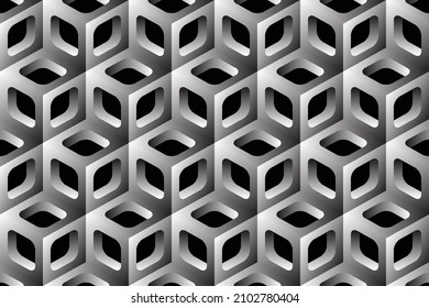 Black and white abstract textured geometric seamless pattern. Vector contrast textile backdrop with three-dimensional cubes and squares. Graphic contemporary futuristic covering.