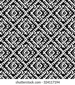 Black and white abstract textured geometric seamless pattern. Symmetric monochrome vector textile backdrop. Maze intertwine rhombs.