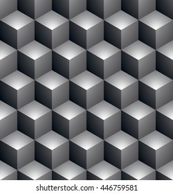 Black and white abstract textured geometric seamless pattern. Vector contrast textile backdrop with three-dimensional cubes and squares. Graphic contemporary futuristic covering.