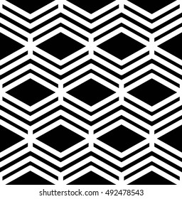 Black and white abstract textured geometric seamless pattern. Symmetric monochrome vector textile backdrop. Splicing lines.