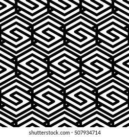Black and white abstract textured geometric seamless pattern. Symmetric monochrome vector textile backdrop. Intertwine rhombs.