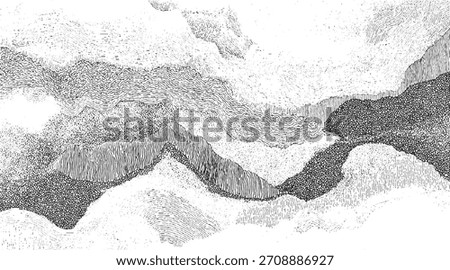 Black and white abstract textured landscape with wavy lines and dot patterns.