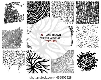 Black and white abstract textures set with lines, shapes, spots and dots. Perfect for any design or decoration.