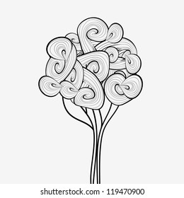 Black and white abstract tree. Hand drawn tree symbol. Tree icon. Waves tree design. Wave theme. Hand drawn design. Design template can be used for stickers, logotypes, web, banners, sign, textile.