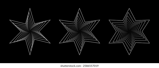 Black and white abstract twisted wireframe tunnel with lines in the form of a star. Six pointed star composition ideal for for modern, futuristic, and digital art themes. Trendy vector illustration 