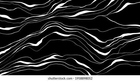 Black and white abstract vawes, curls, natural texture. Marble imitation. Luxury ink, liquid stains, abstract landscape. Patterns, covers, logo, branding template.