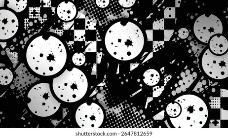 Black and white abstract vector background with grunge motifs, ink splashes and random geometric patterns in a modern urban style.