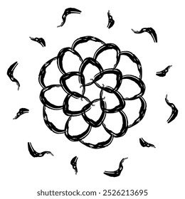 A black and white abstract vector featuring a central floral-like shape with bold, curved lines forming layered petals. Surrounding the flower are small, dynamic, curved strokes, adding a sense of mot