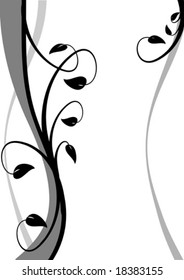 A black and white abstract vector floral background illustration with a winding black and grey floral design on a white background