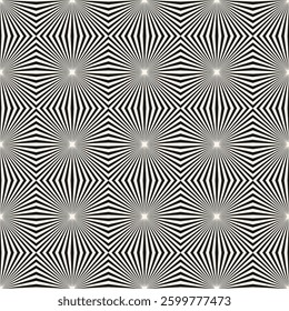 Black and white abstract vector geometric seamless pattern. Optical illusion effect. Geo texture with broken lines, stripes, burst, tiles. Op art background. Repeated design for decor, print, fabric