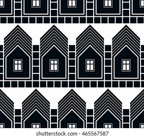 Black and white abstract vector houses and cottages continuous background, real estate theme.  District idea seamless pattern. 